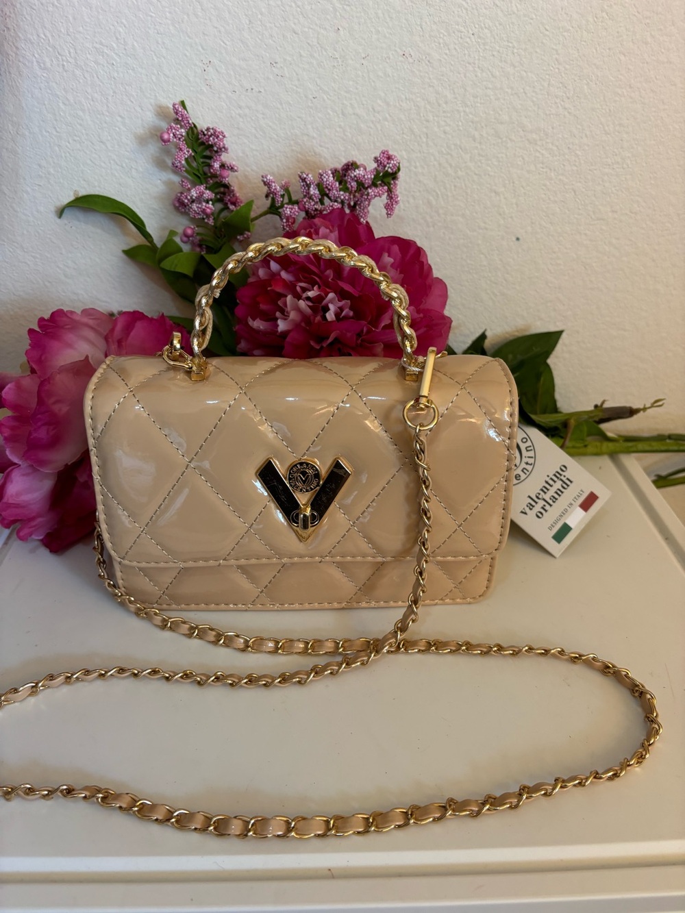 NWT Valentino Orlandi Quilted Patent Leather Bag/Clutch/Crossbody Bag, Taupe